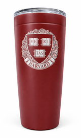 Dark red stainless steel insulated tumbler featuring the Harvad University Veritas crest in white.