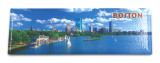 Boston daytime panoramic magnet featuring the city skyline, Charles River and sailboats under a blue sky.
