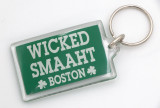 Green and white Wicked Smaaht Boston acrylic keychain with shamrock accents and silver-tone key ring.