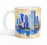Boston souvenir mug featuring colorful Boston Harbor skyline artwork with a vintage-inspired city collage design.