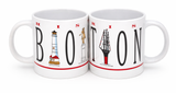 White Boston Squeezed souvenir mug with wraparound BOSTON lettering and illustrated Boston landmarks.