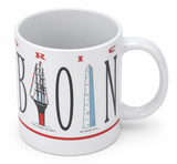 White Boston Squeezed souvenir mug with wraparound BOSTON lettering and illustrated Boston landmarks.
