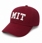 Maroon MIT baseball cap with raised white embroidered lettering on a white background.