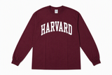 Harvard long sleeve T-shirt available in maroon and sport grey featuring classic arched Harvard collegiate lettering on the front.