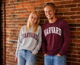 Harvard long sleeve T-shirt available in maroon and sport grey featuring classic arched Harvard collegiate lettering on the front.