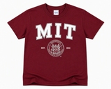 Kids Gildan MIT youth T-shirt available in Maroon and Sport Grey featuring the Massachusetts Institute of Technology seal.
