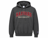 Harvard University Champion appliqué pullover hoodie in granite gray with collegiate Harvard University chest lettering.
