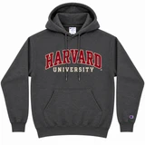 Harvard University Champion appliqué pullover hoodie in granite gray with collegiate Harvard University chest lettering.