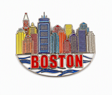 Colorful Boston cityscape souvenir magnet with vibrant buildings, blue wave accents and bold red Boston lettering.