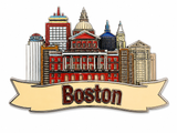 Boston skyline and landmarks souvenir magnet with colorful city buildings and gold banner featuring Boston lettering.