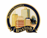 Boston Massachusetts skyline souvenir magnet featuring navy and gold circular design with city buildings and Paul Revere statue detail.