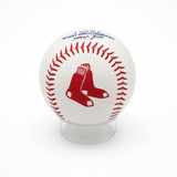 White Boston Red Sox souvenir baseball with red stitching and iconic red hanging socks logo.