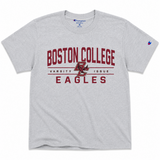 Oxford grey Champion Boston College Eagles T-shirt featuring maroon Boston College lettering, BC Eagles logo, Varsity Issue design and Champion sleeve logo.