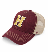 Harvard maroon and khaki '47 brand trucker hat with embroidered H logo and mesh back.