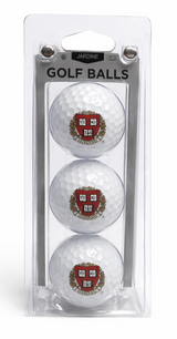 Three-pack of white Harvard University golf balls featuring the crimson and gold Harvard shield.