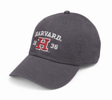 Harvard embroidered adjustable cap with varsity H and 1636 detail in maroon, charcoal, and white.