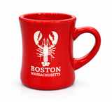 Red Boston Massachusetts souvenir mug featuring a white lobster graphic and Boston Massachusetts lettering.
