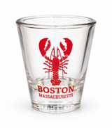 Clear Boston Massachusetts souvenir shot glass featuring a red lobster graphic and Boston Massachusetts lettering.