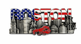 Boston souvenir magnet with American flag lettering, silver city skyline, historic landmarks, tall ship and red lobster