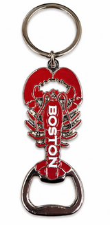 Red lobster-shaped Boston bottle opener keychain with silver-tone trim and metal key ring