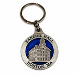Faneuil Hall Boston pewter keychain with blue background and detailed landmark design