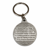 Back of Faneuil Hall pewter keychain featuring historical information about the Boston landmark