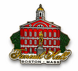 Enamel Faneuil Hall Boston lapel pin featuring the historic red-brick building, golden dome, Samuel Adams statue, and gold-tone "Faneuil Hall" lettering with "Boston, Mass" below.