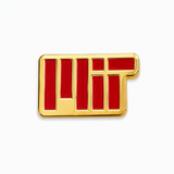 MIT logo lapel pin with red enamel and gold-tone detailing on a white background