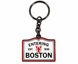 Entering Boston EST. 1630 souvenir keychain featuring a red lobster, white sign with black lettering, red border, and metal key ring.