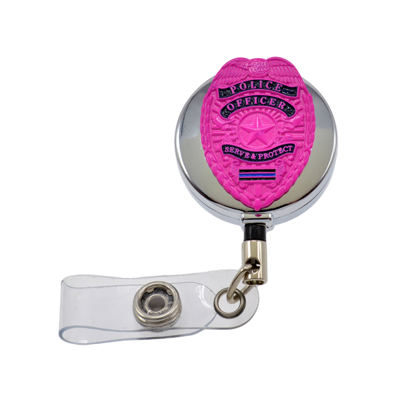 Police Officer Pink Mini Badge Retractable ID Holder Badge Reel (Silver)
