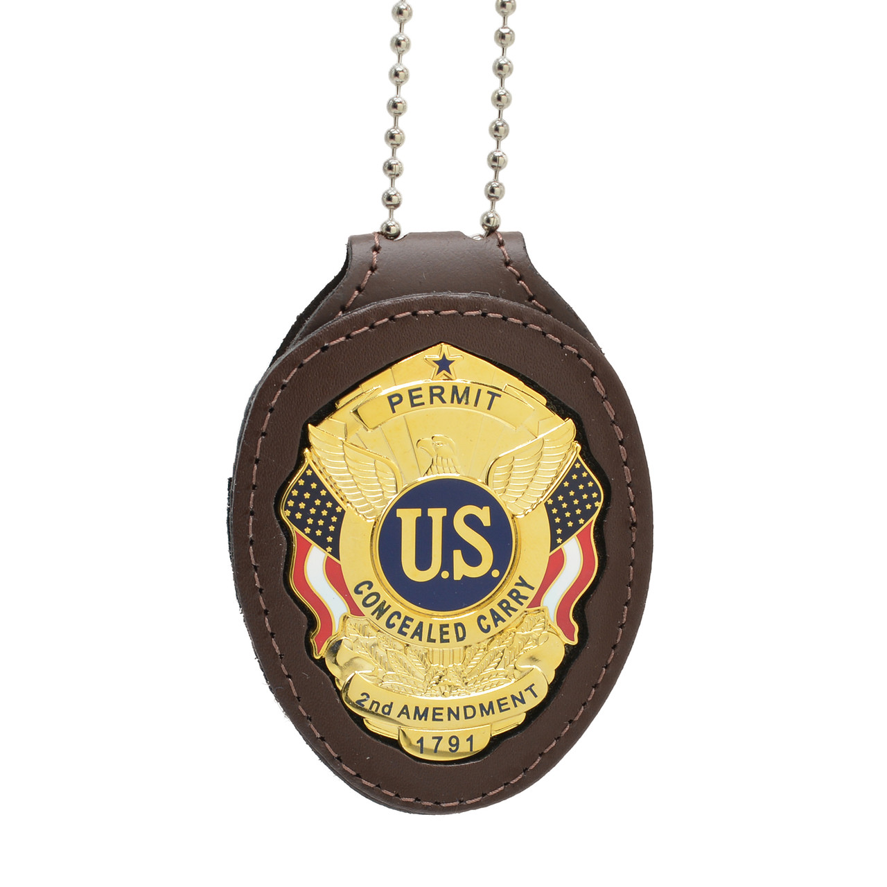 Concealed Carry Permit Clip On Belt Neck Chain Leather Badge Holder