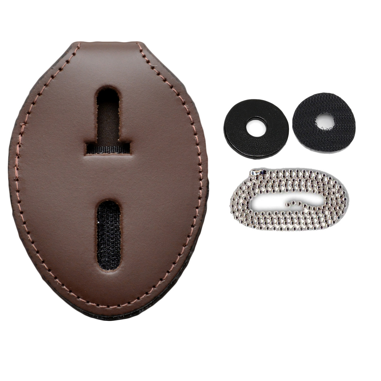 Universal Badge Holder Leather Clip on Belt Neck Hanger w/Chain - Brown Leather (Teardrop)