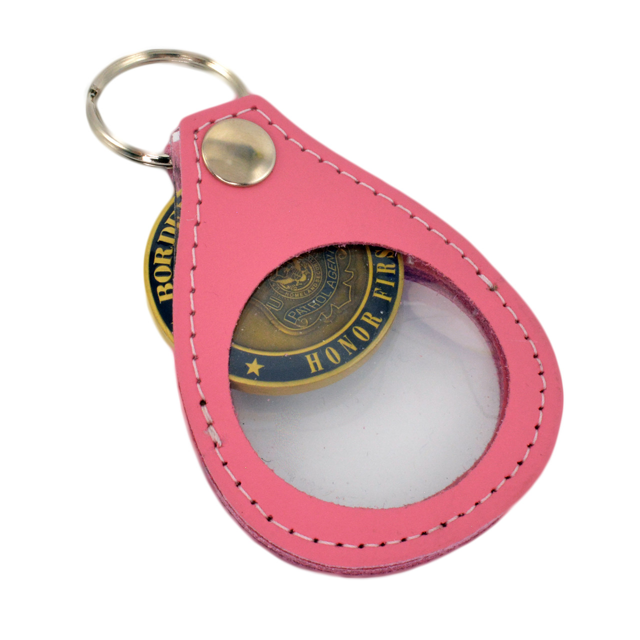 Leather Challenge Coin Holder Key Ring FOB | Coin Key Ring | Pink