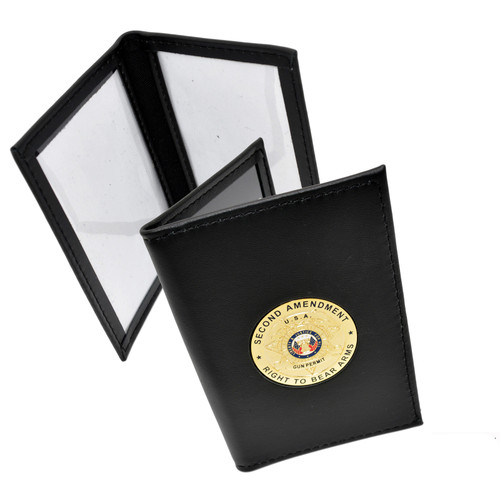 Concealed Weapons Permit Leather Double ID Holder with gold Medallion