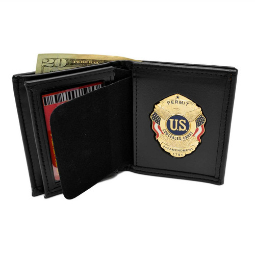 Concealed Carry Badge and Bi-fold Men's Leather Wallet