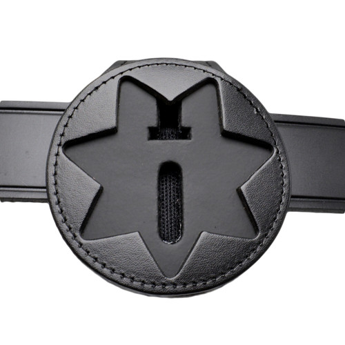 Black Full Grain Leather Oval Police Badge Holder Belt Clip Optional