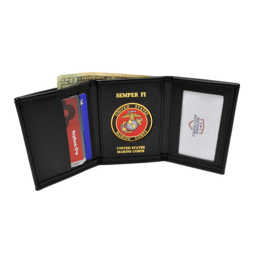U S Marine Corps Medallion Tri Fold Black Leather Wallet