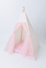 The Angelina Play Tent by E&E is a unique tent with gorgeous tulle doors!! Tulle is four layers thick of pink tulle. The rest of the tent is a cream fabric made up of 100% pima cotton.