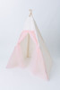 The Angelina Play Tent by E&E is a unique tent with gorgeous tulle doors!! Tulle is four layers thick of pink tulle. The rest of the tent is a cream fabric made up of 100% pima cotton.