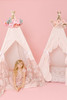 This tent is a pink candy stripe cotton fabric. The doors have a beautiful hand crafted ruffle.