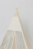 This all cream play tent is made from 100% premium cotton (OEKO-TEX certified) with a silver sequin doors and cream Pom Pom trim to finish it off.