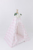 This tent is made of a light pink buffalo check (also known as gingham) and it is made of 100% cotton twill fabric.