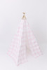 This tent is made of a light pink buffalo check (also known as gingham) and it is made of 100% cotton twill fabric.
