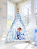 This tent is made of a light blue buffalo check (also known as gingham) and it is made of 100% cotton twill fabric.