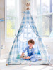 This tent is made of a light blue buffalo check (also known as gingham) and it is made of 100% cotton twill fabric.
