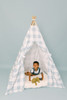 This tent is made of a light blue buffalo check (also known as gingham) and it is made of 100% cotton twill fabric.