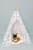 This tent is made of a light blue buffalo check (also known as gingham) and it is made of 100% cotton twill fabric.