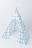 This tent is made of a light blue buffalo check (also known as gingham) and it is made of 100% cotton twill fabric.