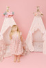 This tent is made of 100% pima cotton fabric. The doors have four gorgeous lace ruffles on the bottom.