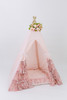 This tent is made of 100% pima cotton fabric. The doors have four gorgeous lace ruffles on the bottom.
